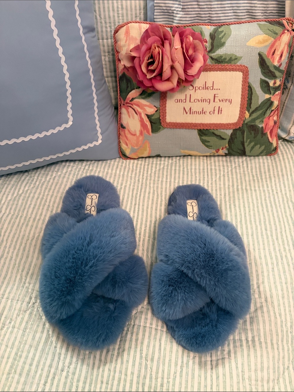 Jessica Simpson Blue Crisscross Faux-Fur Slippers